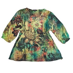 BLEU blouse tunic L green floral boho artsy tie waist embellished wearable art